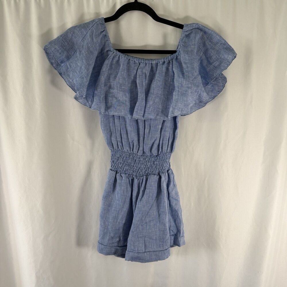 Idillio Positano 100% Linen Romper Women's XS Blue Off The Shoulder Pockets